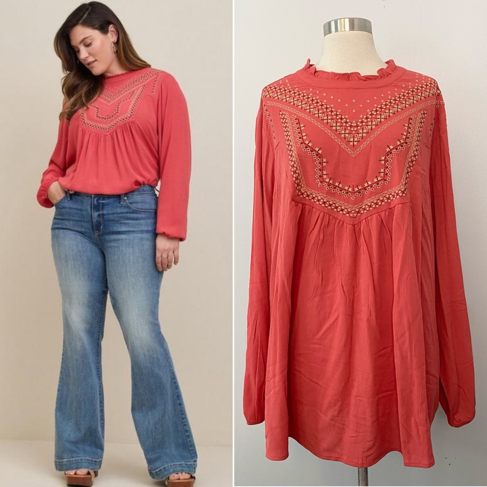 NWT Torrid Coral Crinkle Gauze Boho Relaxed Embroidered Blouse Women’s 3X